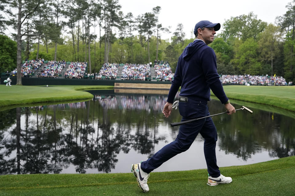 Rory McIlroy, of Northern Ireland, walks on the 15th hole during a practice for the Masters golf tournament at Augusta National Golf Club, Monday, April 3, 2023, in Augusta, Ga. (AP Photo/Jae C. Hong)