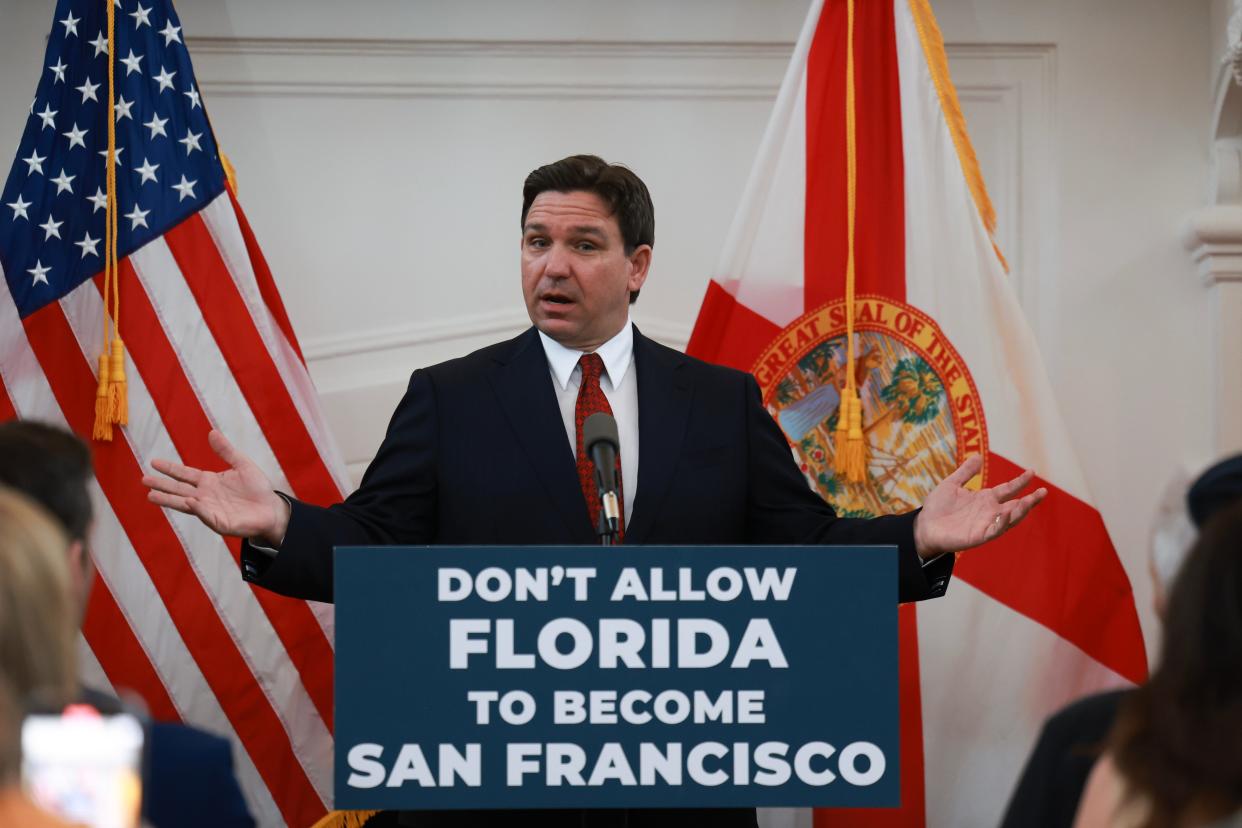 MIAMI BEACH, FLORIDA - Florida Gov. Ron DeSantis speaks during a news conference on February 05, 2024 in Miami Beach, Florida. The state is taking on a bill that would ban minors from social media. In the past when DeSantis and Florida have taken on culture war issues the impact has poured into other states. (Photo by Joe Raedle/Getty Images)