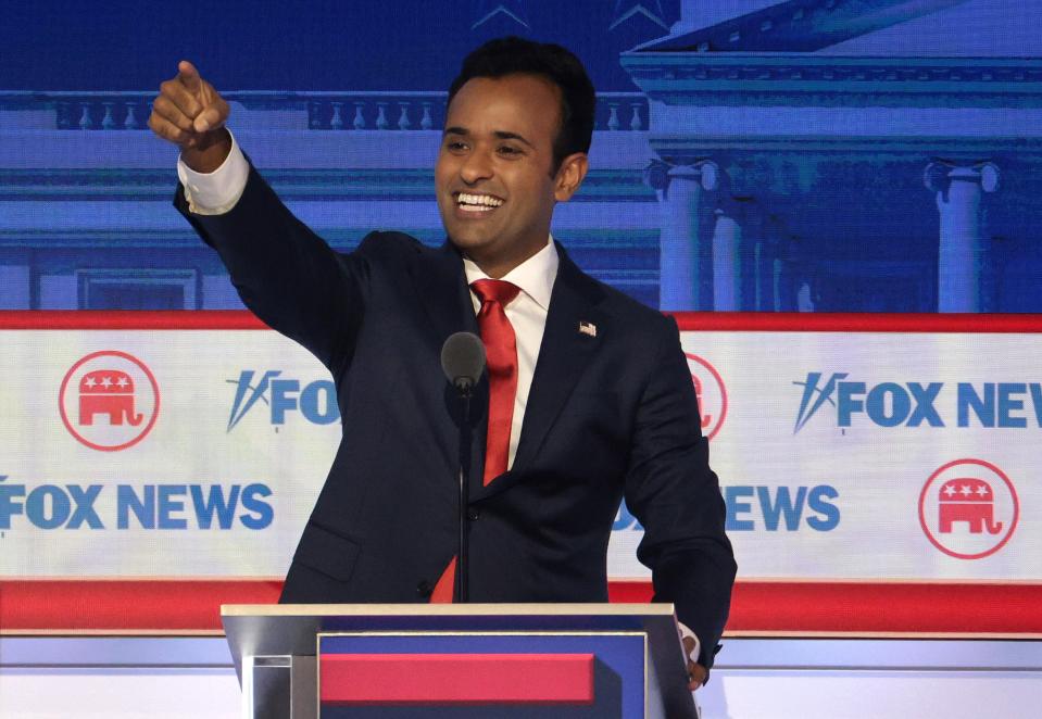 MILWAUKEE, WISCONSIN - AUGUST 23: Republican presidential candidate, Vivek Ramaswamy participates in the first debate of the GOP primary season hosted by FOX News at the Fiserv Forum on August 23, 2023 in Milwaukee, Wisconsin. Eight presidential hopefuls squared off in the first Republican debate as former U.S. President Donald Trump, currently facing indictments in four locations, declined to participate in the event. (Photo by Win McNamee/Getty Images) ORG XMIT: 775986322 ORIG FILE ID: 1635015475