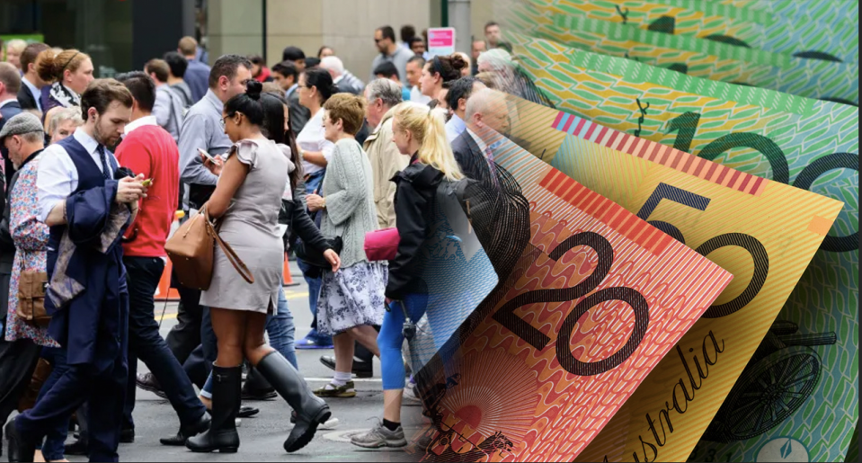 A composite image of a crowd of people walking on the street and Australian currency to represent money lose to crypto investment scams.