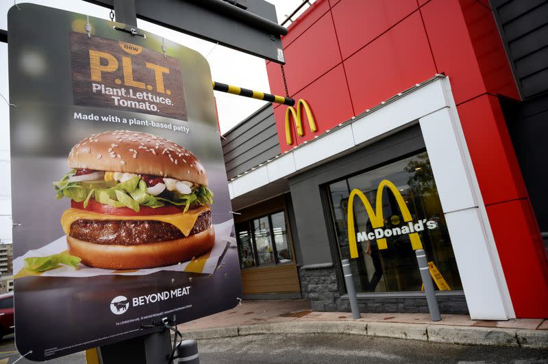 FILE PHOTO: A sign promoting McDonald's "PLT" burger with a Beyond Meat plant-based patty at one of 28 test restaurant locations in London, Ontario