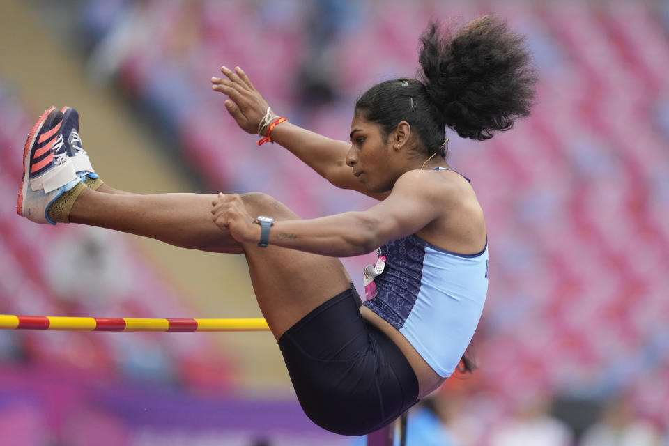 India's Nandini Agasara competes during the women's heptathlon high jump at the 19th Asian Games in Hangzhou, China, Saturday, Sept. 30, 2023. (AP Photo/Lee Jin-man)