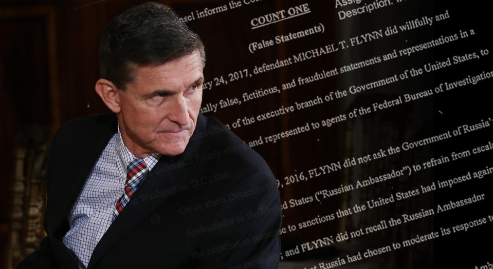 Michael Flynn, with a detail of a U.S. District Court document (Yahoo News photo illustration; photos: Mario Tama/Getty Images)