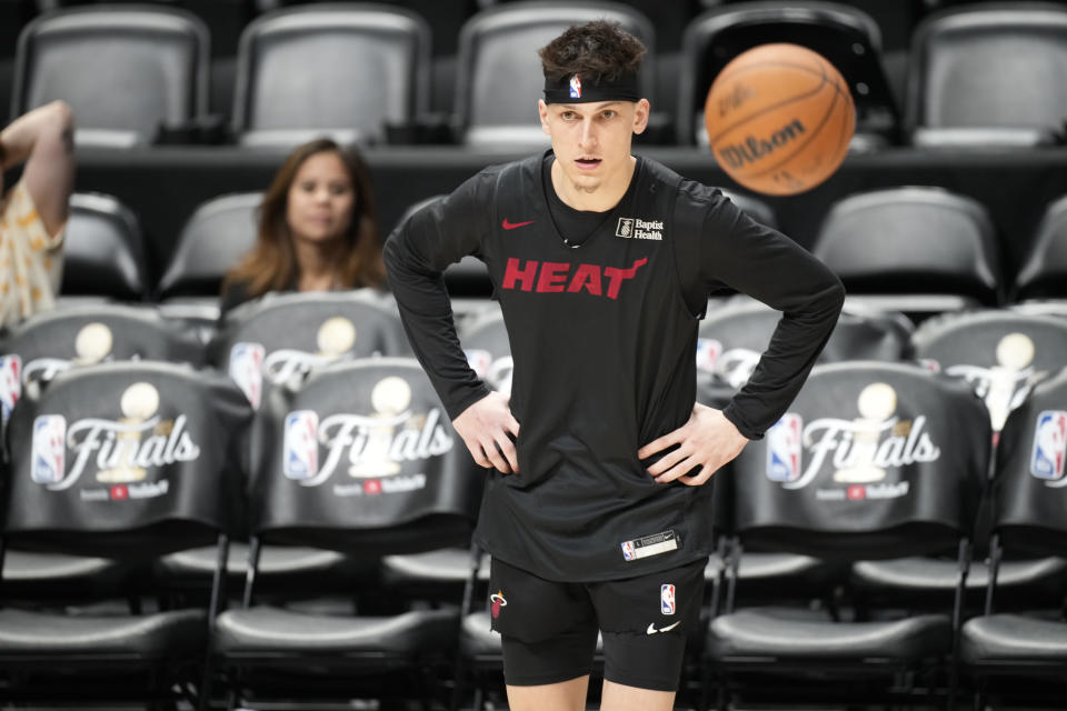 Miami Heat guard Tyler Herro takes part in practice for Game 2 of the NBA Finals, Saturday, June 3, 2023, in Denver. (AP Photo/David Zalubowski)