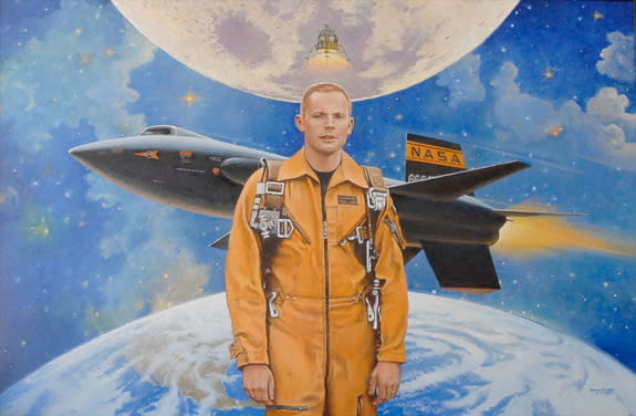 Neil Armstrong, seen here in an original painting by artist Robert McCall depicting the astronaut's early NASA career when he was a research pilot at the flight center that will now bear his name.