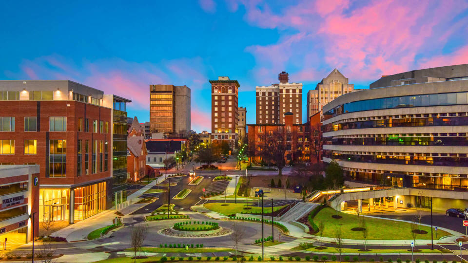 Downtown Greenville, SC South Carolina Skyline Cityscape at Sunrise.