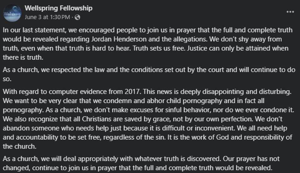 Wellspring Fellowship released a new statement on Monday following the new child pornography allegations regarding their deacon, Jordan Henderson.