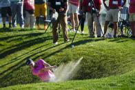 Cam Davis, of Australia, hits out of a bunker on the 18th hole during the third round of the Travelers Championship golf tournament at TPC River Highlands, Saturday, June 25, 2022, in Cromwell, Conn. (AP Photo/Seth Wenig)