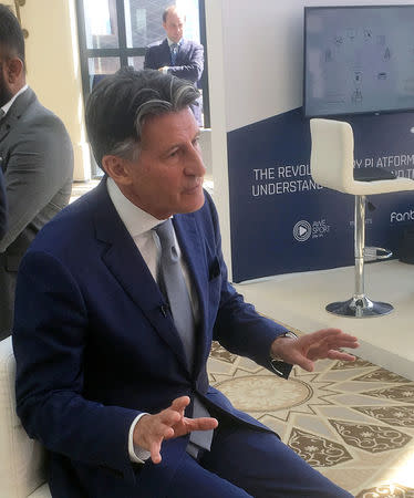 IAAF President Sebastian Coe speaks during an interview with Reuters at the Leaders Sports Business Summit in Abu Dhabi, United Arab Emirates, January 31, 2019. REUTERS/Nick Mulvenney