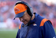 Denver Broncos head coach Vic Fangio walks the sidelines during the second half of an NFL football game against the Las Vegas Raiders, Sunday, Oct. 17, 2021, in Denver. (AP Photo/Jack Dempsey)