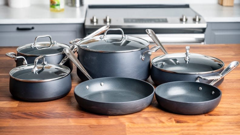 Our favorite nonstick cookware is the All-Clad HA1 Hard-Anodized Nonstick 10-Piece Cookware Set.