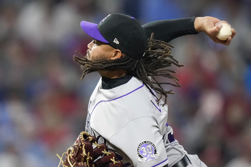 Colorado Rockies' Dinelson Lamet pitches during the seventh inning of a baseball game against the Philadelphia Phillies, Friday, April 21, 2023, in Philadelphia. (AP Photo/Matt Slocum)