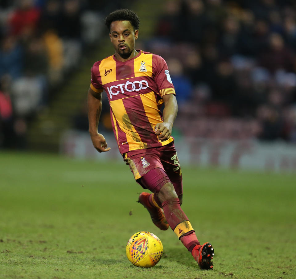 BRADFORD, ENGLAND - JANUARY 13:  Tyrell Robinson of Bradford City in action during the Sky Bet League One match between Bradford City and Northampton Town at Northern Commercials Stadium, Valley Parade on January 13, 2018 in Bradford, England.  (Photo by Pete Norton/Getty Images)