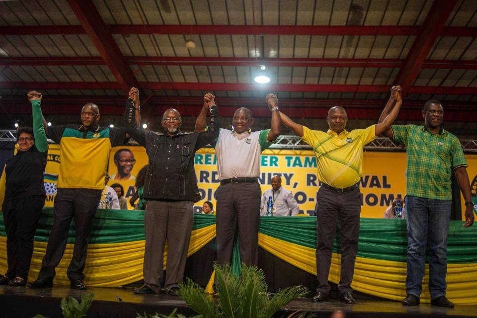 President Cyril Ramaphosa (centre) came to power with the backing of the allegedly corrupt David Mabuza (second right) (AFP/Getty)