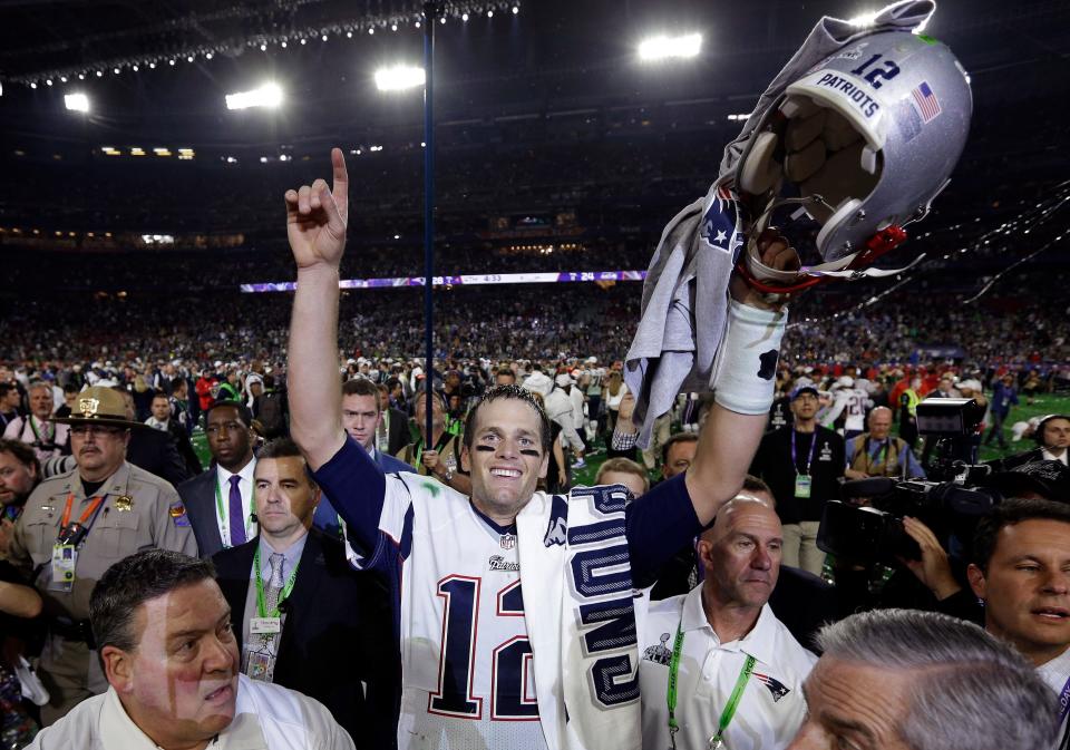 In this Feb. 1, 2015 file photo, New England Patriots quarterback Tom Brady (12) celebrates after the NFL Super Bowl XLIX football game against the Seattle Seahawks in Glendale, Ariz.