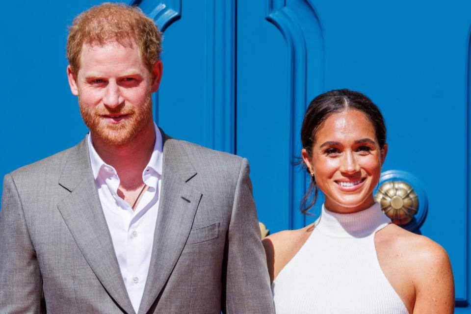 DUSSELDORF, GERMANY - SEPTEMBER 06: Prince Harry, Duke of Sussex and Meghan, Duchess of Sussex visits the city hall during the Invictus Games Dusseldorf 2023 - One Year To Go events on September 6, 2022 in Dusseldorf, Germany. The Invictus Games will be held in Germany for the first time in September 2023. (Photo by Patrick van Katwijk/Getty Images)