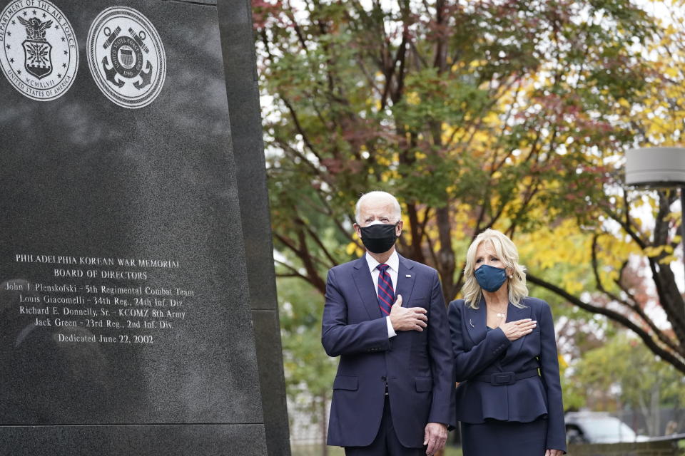 President-elect Joe Biden and Jill Biden, attend a service at the Philadelphia Korean War Memorial at Penn's Landing on Veterans Day, Wednesday, Nov. 11, 2020, in Philadelphia.(AP Photo/Alex Brandon)