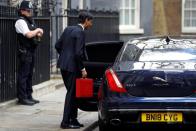 Britain's Chancellor of the Exchequer Rishi Sunak holds the red budget box as he gets into a car outside his office in Downing Street in London