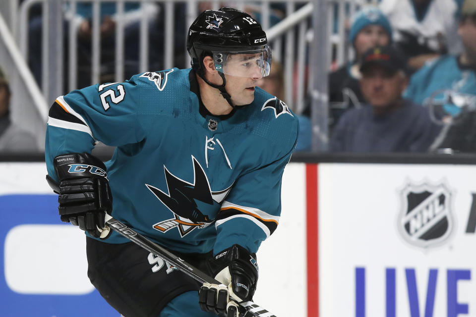 San Jose Sharks center Patrick Marleau skates against the Calgary Flames during the first period of an NHL hockey game in San Jose, Calif., Sunday, Oct. 13, 2019. (AP Photo/Jeff Chiu)