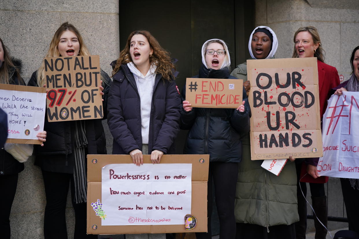 Supporters from the Sabina Project outside the Old Bailey, central London, ahead of the sentencing of garage worker Koci Selamaj for the murder of primary school teacher Sabina Nessa who was killed as she walked through Cator Park on her way to meet a friend in Kidbrooke, south-east London on September 17, 2021. Picture date: Thursday April 7, 2022.