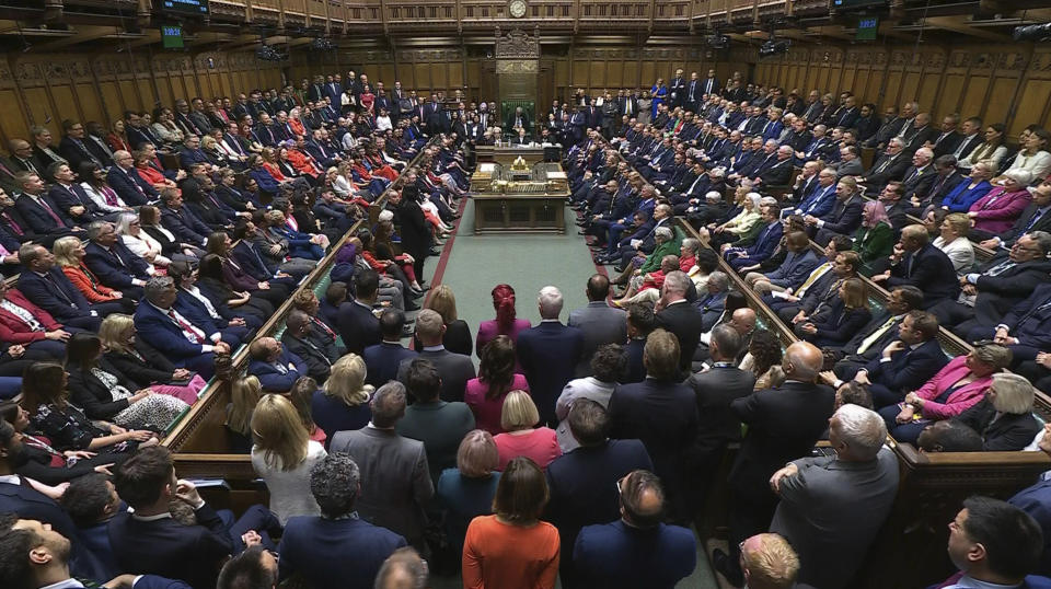 In this image taken from video lawmakers gather in the House of Commons, London, Tuesday July 9, 2024, as Parliament returned. Hundreds of newly elected lawmakers are gathering in Britain's Parliament after the election that brought a Labour government to power. Among the 650 members of the House of Commons, 335 are arriving for the first time. (House of Commons/UK Parliament via AP)