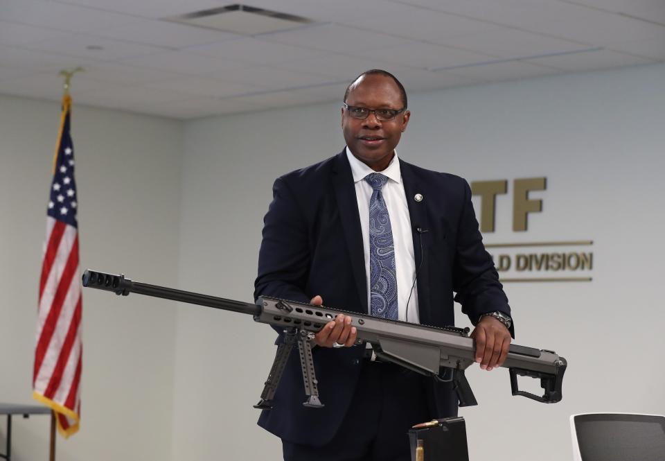 This Barrett M107 .50-caliber semi-automatic rifle is similar to a weapon Portland area resident David Acosta Rosales sent to the Mexican cartel CJNG, said Jonathan T. McPherson, special agent in charge of the ATF's Seattle Field Division. He said it can down planes and tear through engine blocks and is primarily intended for the battlefield.