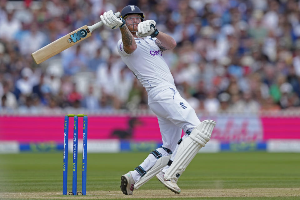 England's captain Ben Stokes reacts after hitting a six during the fifth day of the second Ashes Test match between England and Australia, at Lord's cricket ground in London, Sunday, July 2, 2023. (AP Photo/Kirsty Wigglesworth)