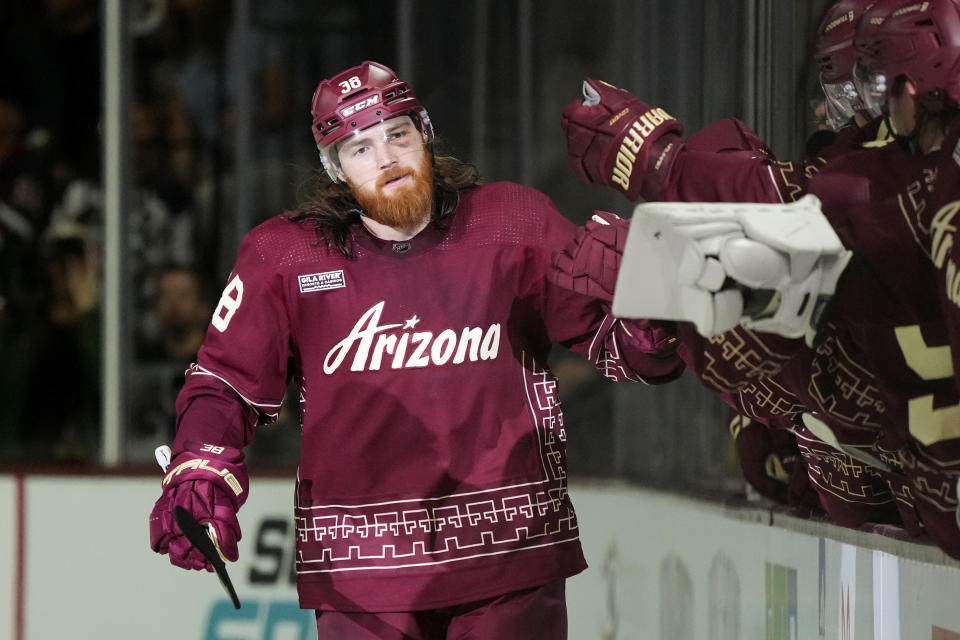 Arizona Coyotes center Liam O'Brien celebrates his goal against the Winnipeg Jets during the second period of an NHL hockey game Saturday, Nov. 4, 2023, in Tempe, Ariz. (AP Photo/Ross D. Franklin)