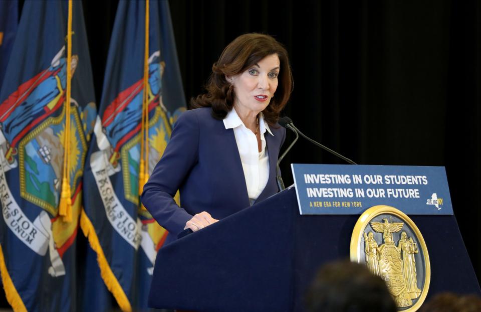 New York Gov. Kathy Hochul talks about education-related items in the state budget in Yonkers on April 28, 2022.