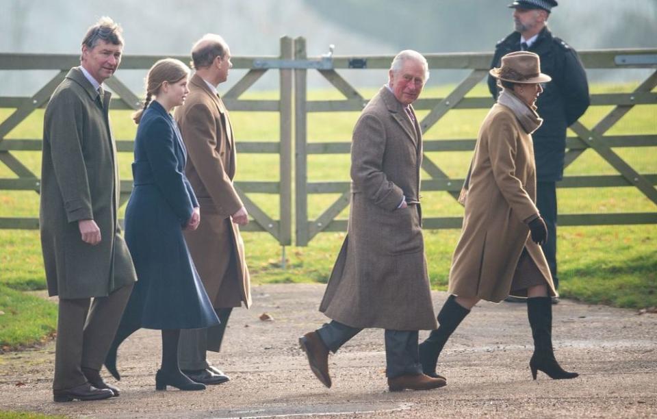 Princess Anne, Prince Charles and Prince Edward arrive with Lady Louise Windsor and Vice Admiral Sir Timothy Laurence | Joe Giddens/PA Images via Getty Images