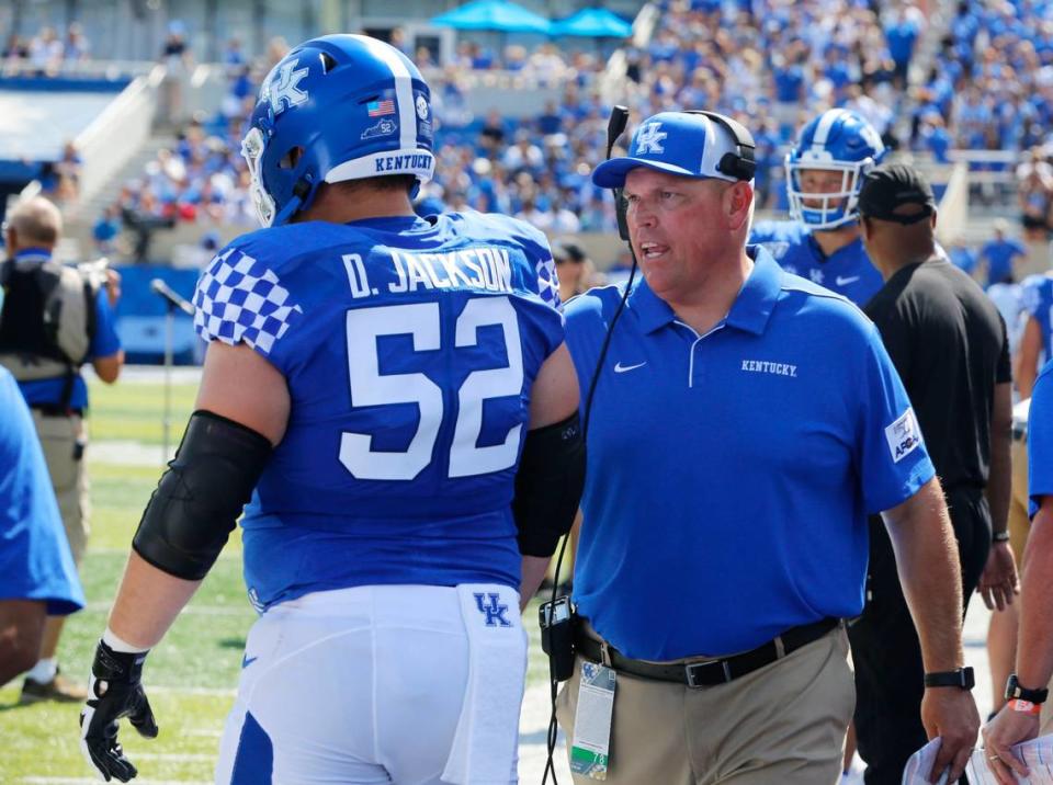 Drake Jackson, who was among the offensive linemen who starred under John Schlarman’s coaching, is now a graduate assistant on the Kentucky football coaching staff.