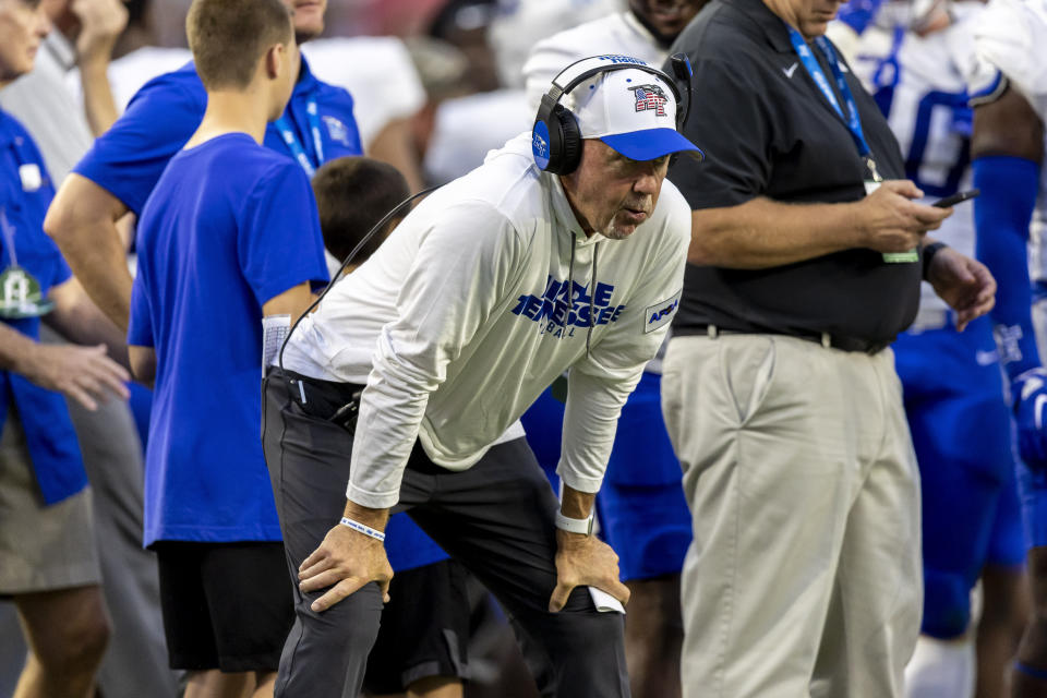 Middle Tennessee coach Rick Stockstill watches the team during the first half an NCAA college football game against Alabama, Saturday, Sept. 2, 2023, in Tuscaloosa, Ala. (AP Photo/Vasha Hunt)