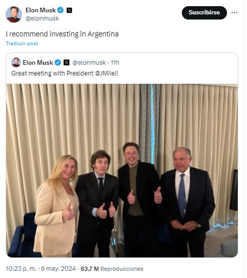Elon Musk recomendó en X invertir en la Argentina
