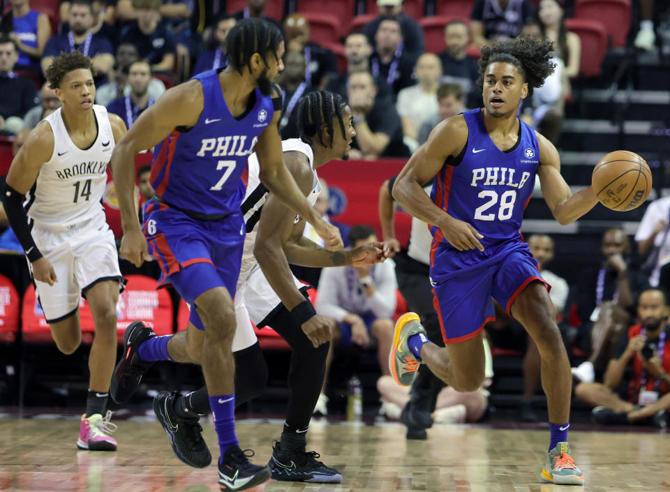 Malik Ellison of the Philadelphia 76ers starts a fast break against the Brooklyn Nets at the Thomas & Mack Center on July 10, 2022 in Las Vegas. (Photo by Ethan Miller/Getty Images)