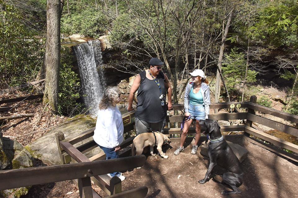 From left, Gloria Fedorka, Indian Head,  Felipe Nieves, Indian Head, and Ashley Rugg, Rockwood, stand Tuesday, April 20, 2021, with their dogs Smallz and Blue at the path above Cucumber Falls in Ohiopyle State park.