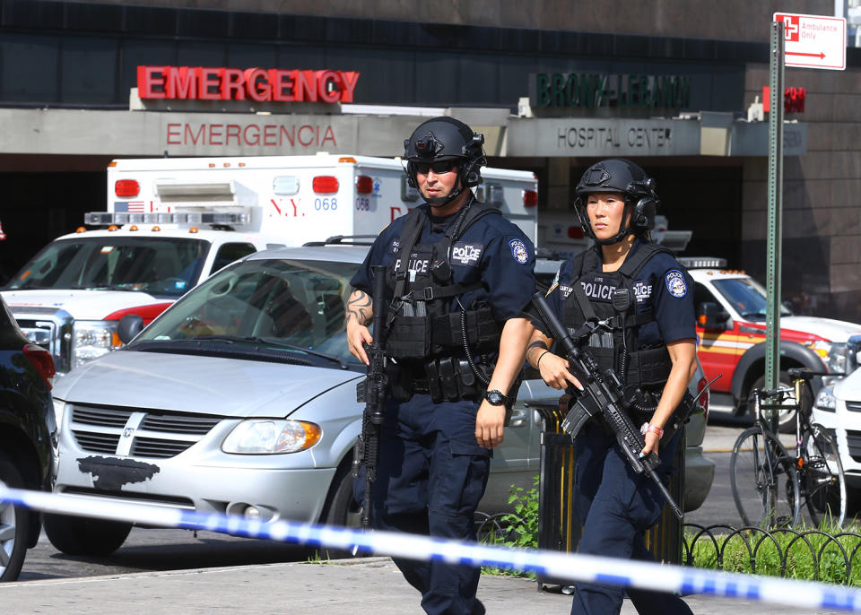 <p>Police officers take security measures outside the Bronx-Lebanon Hospital after a gunman attack in New York, United States on June 30, 2017. At least one person was killed Friday when a gunman opened fire inside a New York City hospital, according to media reports. (Volkan Furuncu/Anadolu Agency/Getty Images) </p>