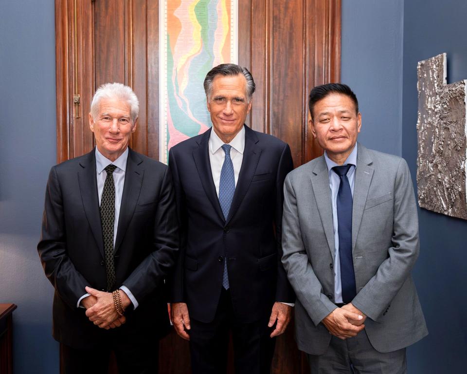 Utah Sen. Mitt Romney meets with actor and activist Richard Gere, left, and Penpa Tsering, right, Tuesday Oct, 17, 2023, in Washington, D.C. Tsering’s title is Sikyong, which means he leads the Tibetan people in exile as head of the Central Tibetan Administration. | Office of Sen. Mitt Romney