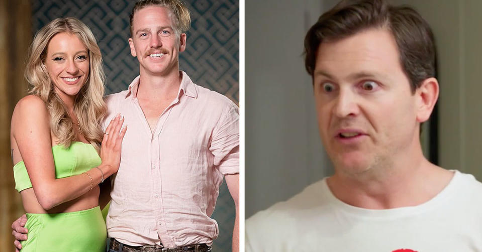 L: Lyndall Grace and Cameron Dunne on MAFS. R: Josh White angry on MAFS