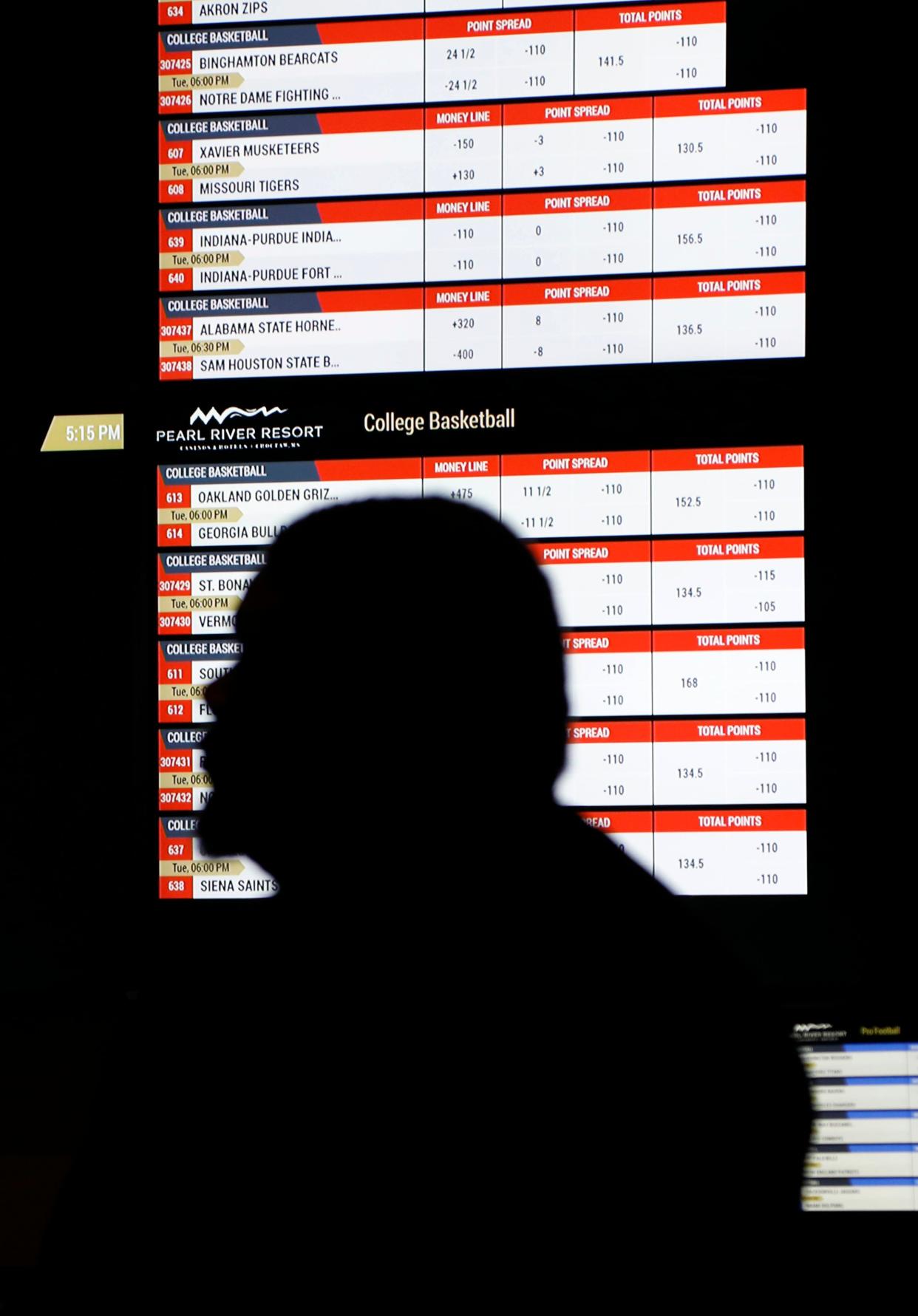 In this Dec. 18, 2018 photo, a person walks by a betting wall at the Pearl River Resort in Philadelphia, Miss. The sports book owned by the Mississippi Band of Choctaw Indians is the first to open on tribal lands outside of Nevada following a U.S. Supreme Court ruling earlier this year, a no-brainer business decision given the sports fans among its gambling clientele.