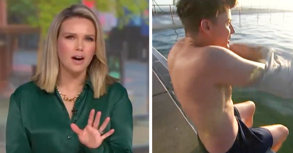 Edwina Bartholomew holds her hand up in the studio as James Tobin takes off his shirt. 