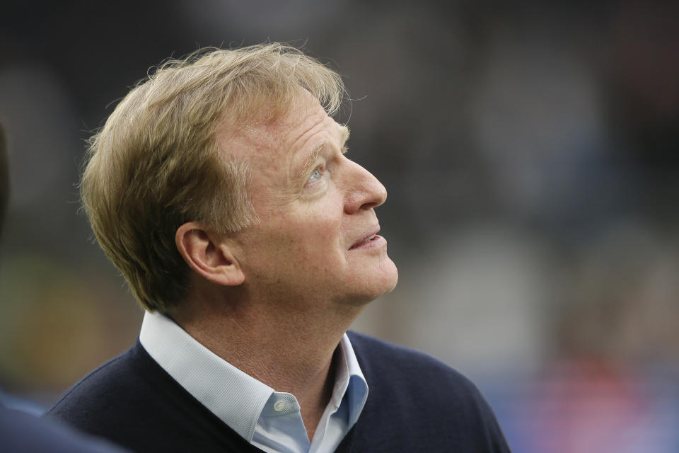 CORRECTS STADIUM TO TOTTENHAM HOTSPUR STADIUM INSTEAD OF WEMBLEY STADIUM - NFL Commissioner Roger Goodell looks at Tottenham Hotspur Stadium before an NFL football game between the Chicago Bears and the Oakland Raiders, Sunday, Oct. 6, 2019, in London. (AP Photo/Tim Ireland)