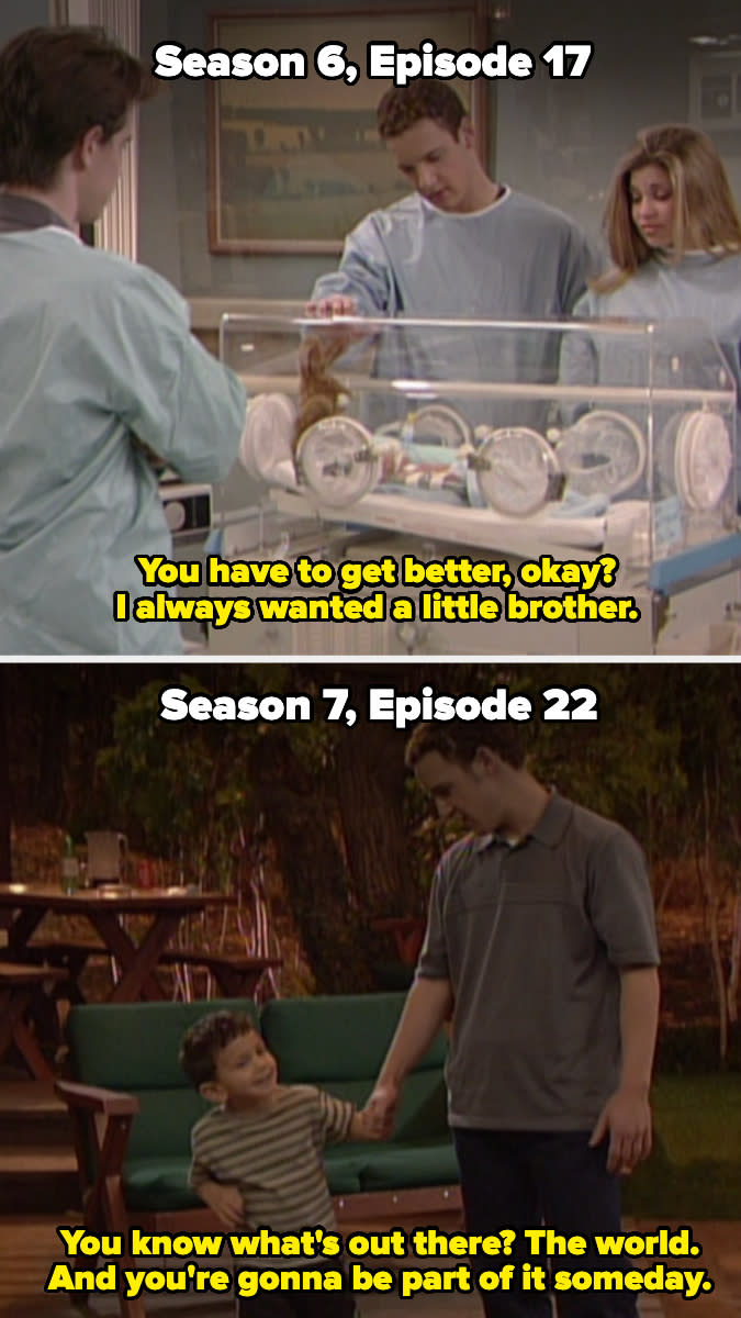 In Season 6, Cory talks to baby Josh in the hospital, and in Season 7, he holds hands with Josh, who's old enough to walk