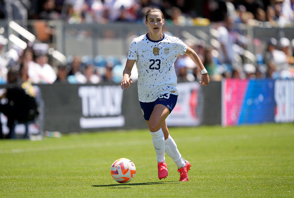 Emily Fox dribbles the ball up field against the Wales National Team in the first half of the send-off match on July 9, 2023.<span class="copyright">Thearon W. Henderson—Getty Images</span>