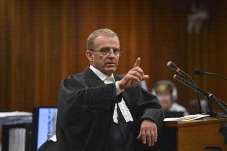 State prosecutor Gerrie Nel makes a point during the trial of Olympic and Paralympic track star Oscar Pistorius at the North Gauteng High Court in Pretoria, March 12, 2014. REUTERS/Alexander Joe/Pool