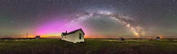 A 360-degree panorama of the night sky and prairie landscape from the Visitor Centre and farmyard at the Old Man on His Back Prairie & Heritage Conservation Area in southwest Saskatchewan. (Alan Dyer/NCC - image credit)