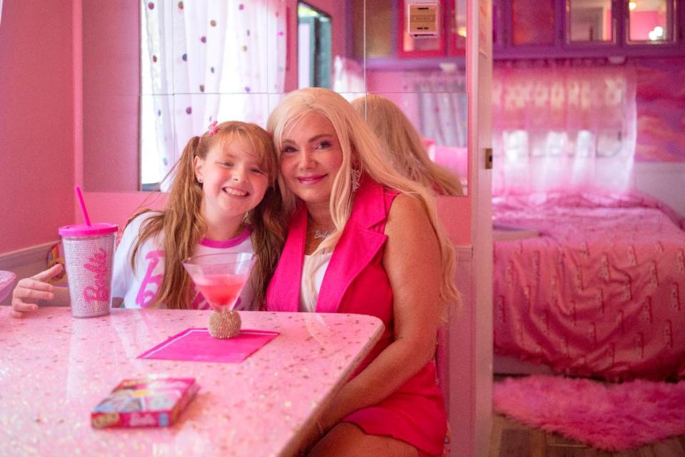 Jazmyn “Jazzy” and Wendy Krammes enjoy pink lemonade in their Barbie camper on Friday, July 14, 2023. Abby Drey/adrey@centredaily.com