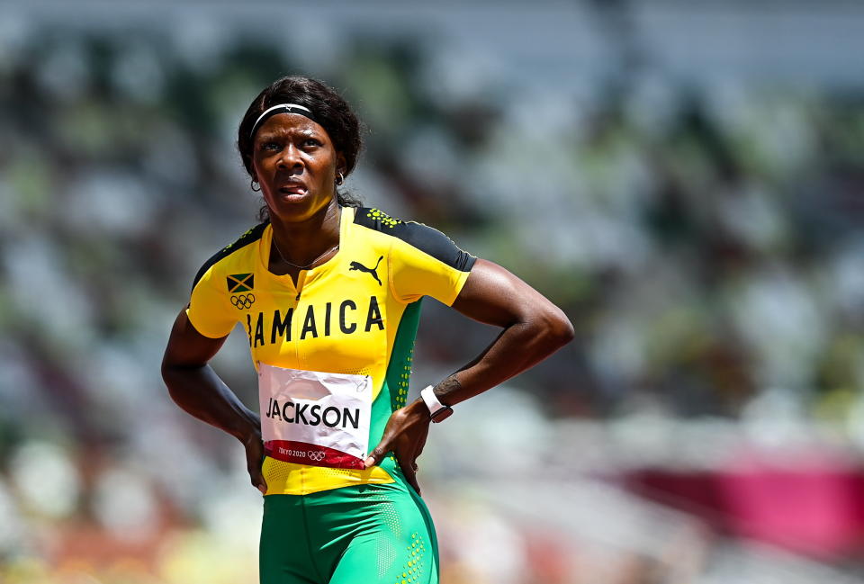 Tokyo , Japan - 2 August 2021; Shericka Jackson of Jamaica after finishing 4th place in her heat of the women's 200 metre at the Olympic Stadium on day ten of the 2020 Tokyo Summer Olympic Games in Tokyo, Japan. (Photo By Ramsey Cardy/Sportsfile via Getty Images)