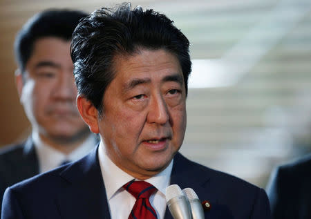 Japan's Prime Minister Shinzo Abe speaks on reports of the launch of a North Korean missile to reporters , at his official residence in Tokyo, Japan May 29, 2017. REUTERS/Toru Hanai