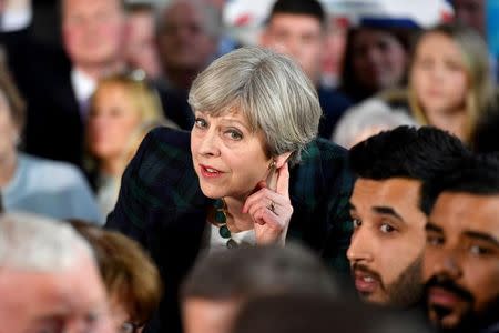Britain's Prime Minister Theresa May speaks to supporters at a campaign event at Shine Centre in Leeds, Britain, April 27, 2017. REUTERS/Anthony Devlin/Pool