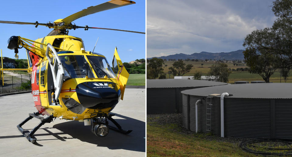 A 4-year-old NSW girl was crushed by a water tank. Pictured left is a stock image of a rescue helicopter and on the right is a stock image of water tanks.